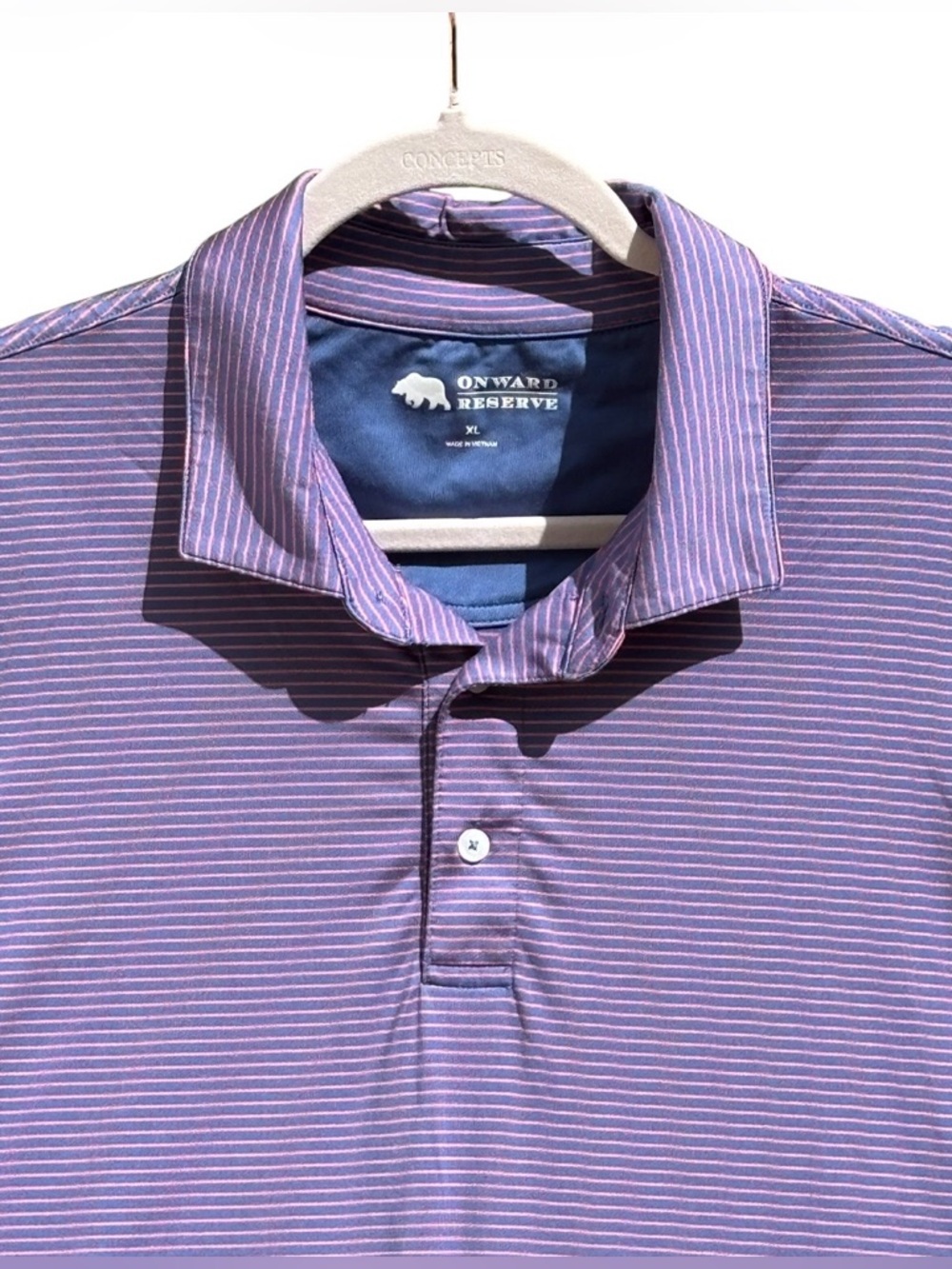 Onward Reserve Performance Polo Shirt Men’s XL Stretch Golf Blue Pink Striped